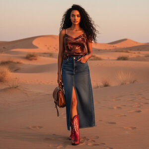 Size M western inspired brown satin camisole/tank cowboy hat boot print